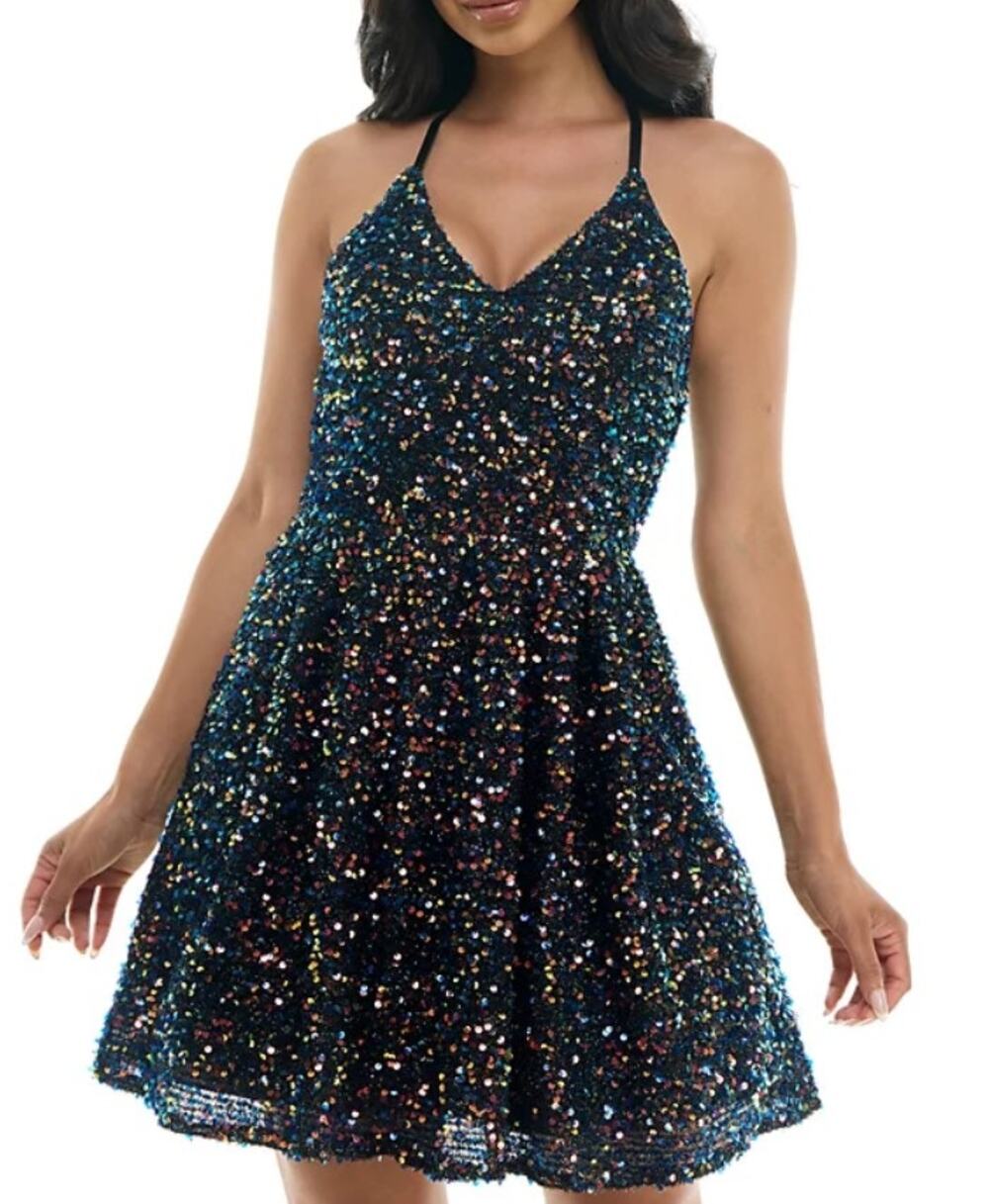 BCX (Macy's) Sequined V-Neck Crisscrossed Fit and Flare Dress Junior Size 3 GLAM